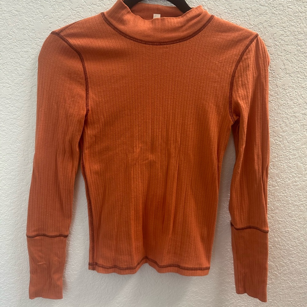 Free People Orange Ribbed Long Sleeve Top